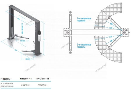 Подъемник 380V 2х стоечный 4т с верхней синхронизацией, H=4,0 м (серый)