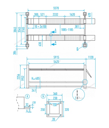 Подъемник четырехстоечный 6,5 т, с пневмогидравлической траверсой N433BA, для сход-развала, синий