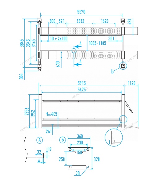 Подъемник четырехстоечный 6,5 т, с пневмогидравлической траверсой N433BA, для сход-развала, синий