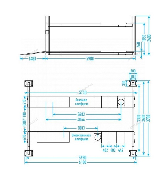 Подъемник четырехстоечный 7 т, с ручной траверсой 3 т N434, для сход-развала, синий