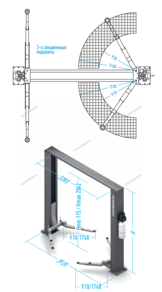 Подъемник двухстоечный 4,5 т, верхняя синхронизация, 380 В, серый