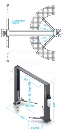 Подъемник двухстоечный 6 т, верхняя синхронизация, 380 В, серый