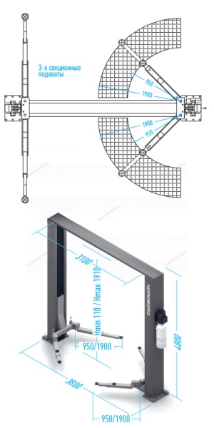Подъемник двухстоечный 6 т, верхняя синхронизация, 380 В, серый