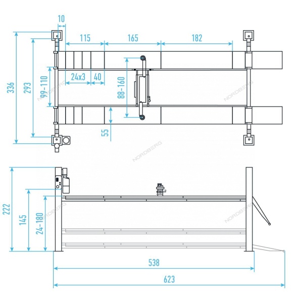 Подъемник четырехстоечный 5 т, с пневмогидравлической траверсой 3 т, серый