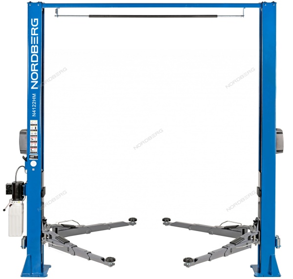 Подъемник двухстоечный 4 т, верхняя синхронизация, снятие со стопоров с одной колонны, 380 В, синий