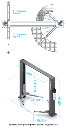 Подъемник 380V 2х стоечный 4,5т с верхней синхронизацией с электростопорами