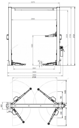 Подъемник двухстоечный 4 т, верхняя синхронизация, снятие со стопоров с одной колонны, 380 В, синий
