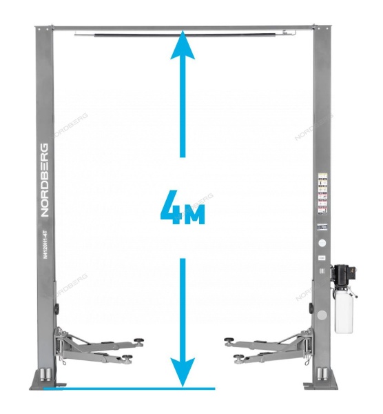 Подъемник двухстоечный 4 т, верхняя синхронизация, H=4 м, 380 В, серый