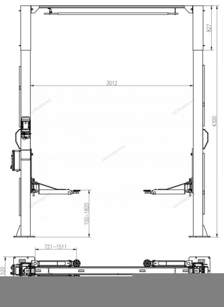 Подъемник двухстоечный 4,5 т, верхняя синхронизация, с электростопорами, 380 В