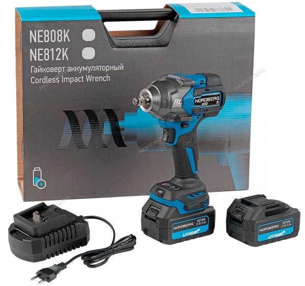 Гайковерт аккумуляторный, 1/2", 20 В, 1000 Нм, 2 аккумулятора 4A и зарядное устройство, в кейсе