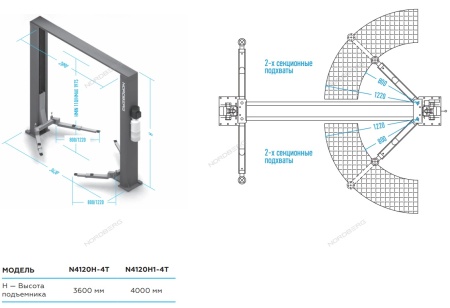 Подъемник 380V 2х стоечный 4т с верхней синхронизацией, H=4,0 м (синий)